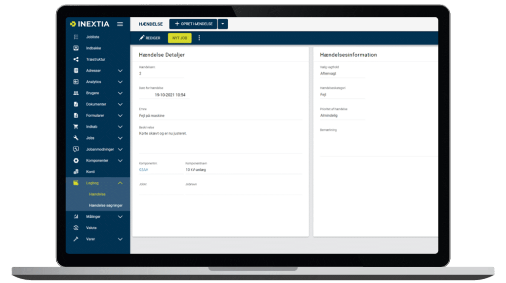 Skærmbillede af INEXTIA logbog modul