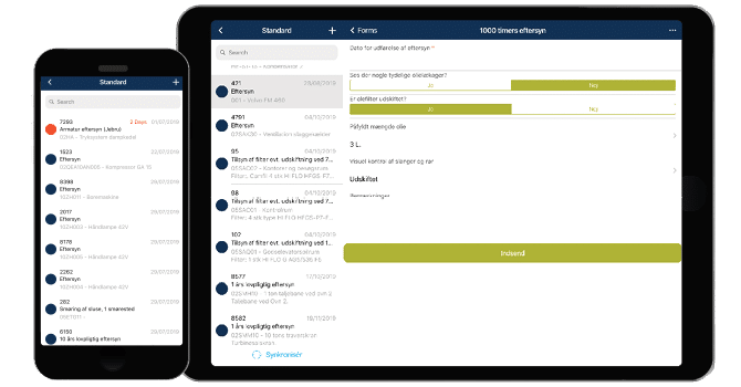 En smartphone og tablet som har INEXTIA appen åbent til vedligeholdelsesopgaver