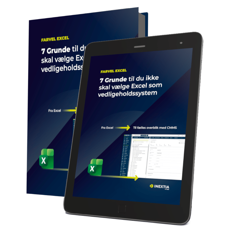 Billedet viser et katalog og en tablet, begge med forsiden af et katalog med titlen "7 Grunde til du ikke skal vælge Excel som vedligeholdssystem" Nederst er INEXTIA's logo synligt.