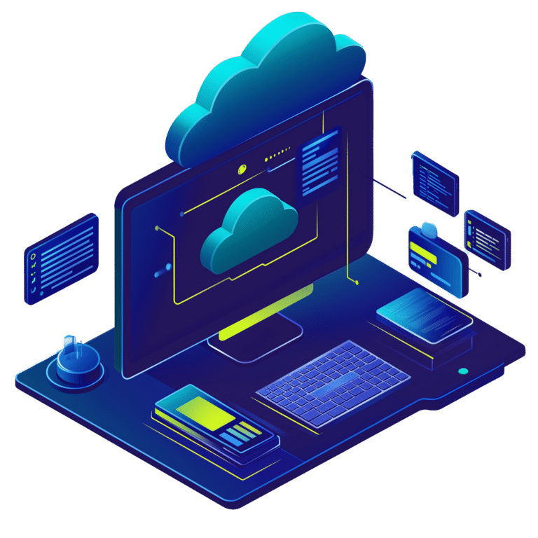 Illustration af en computeropsætning med et sky-symbol. Skærmen viser en cloud-baserede dataoverførsel, mens tilbehør som en tastatur, mus og mapper er synlige på skrivebordet.